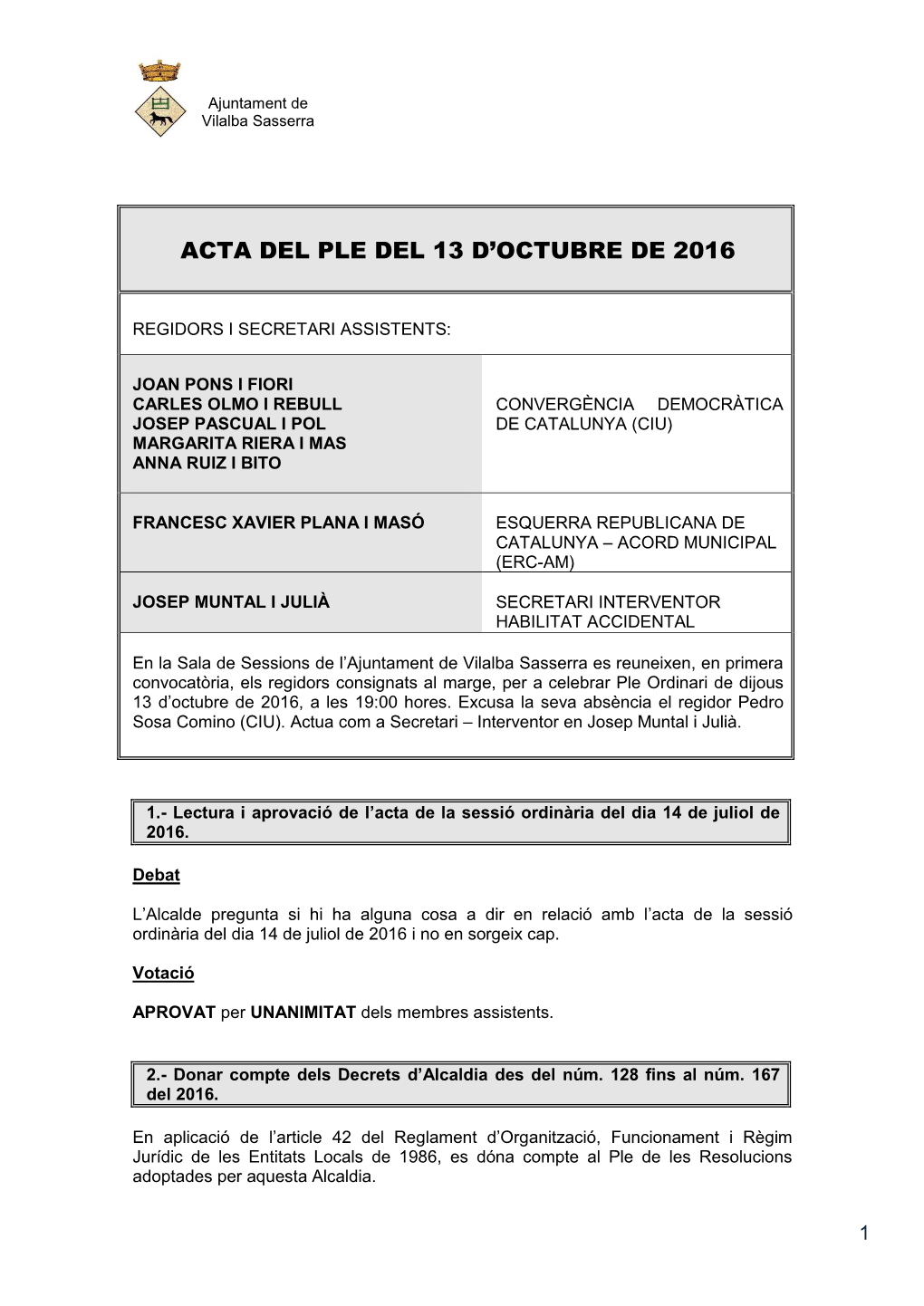 Acta Del Ple Del 13 D'octubre De 2016