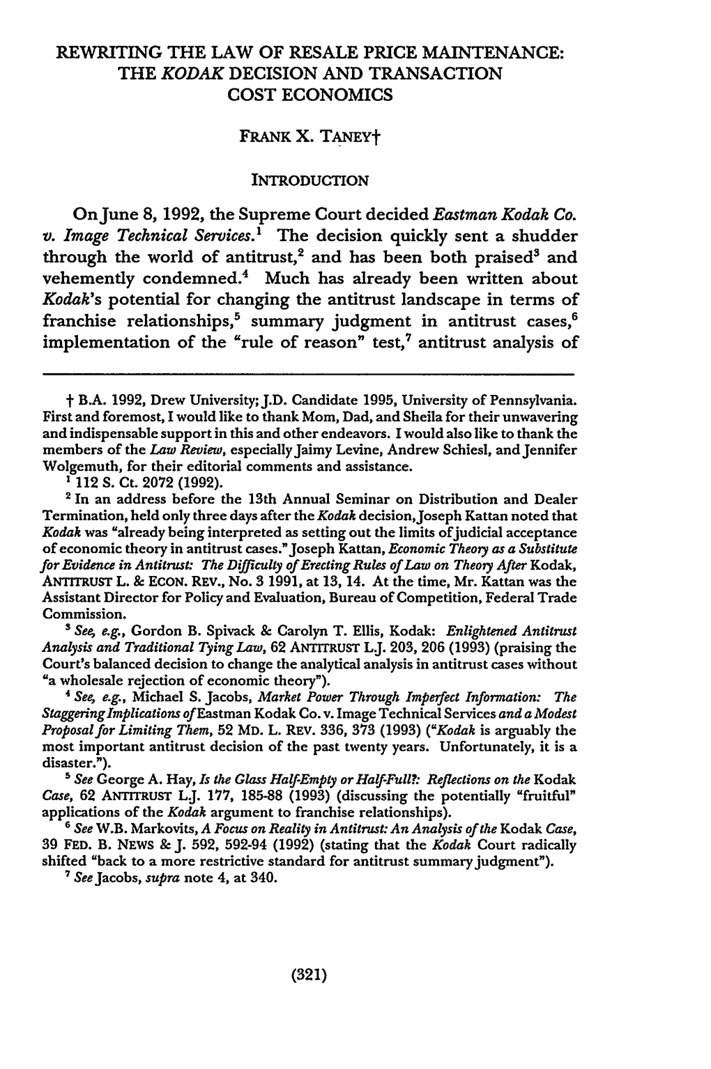 The Kodak Decision and Transaction Cost Economics