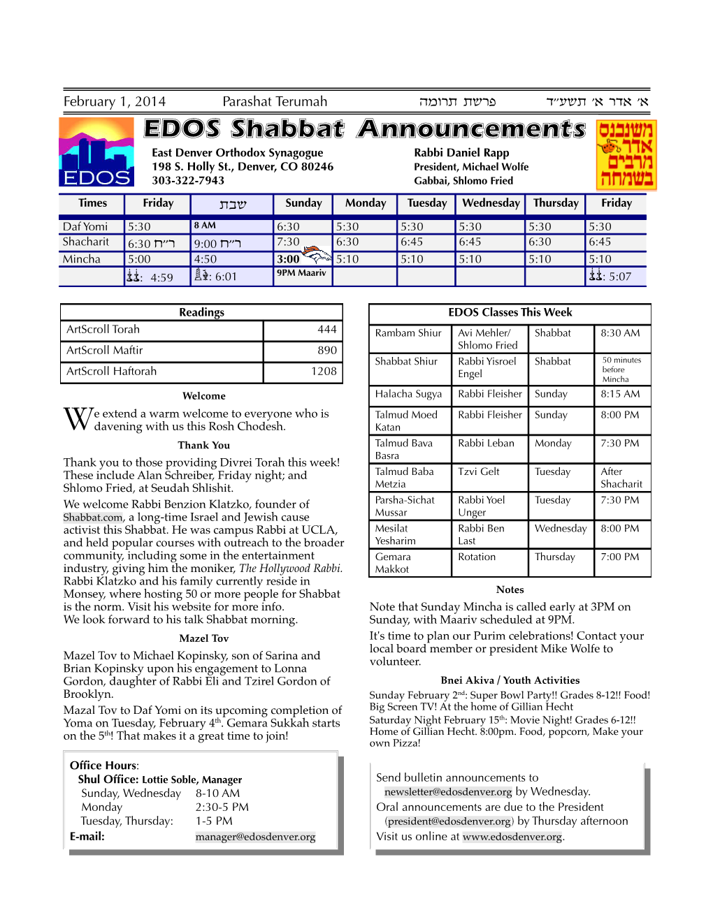 EDOS Shabbat Announcements East Denver Orthodox Synagogue Rabbi Daniel Rapp 198 S