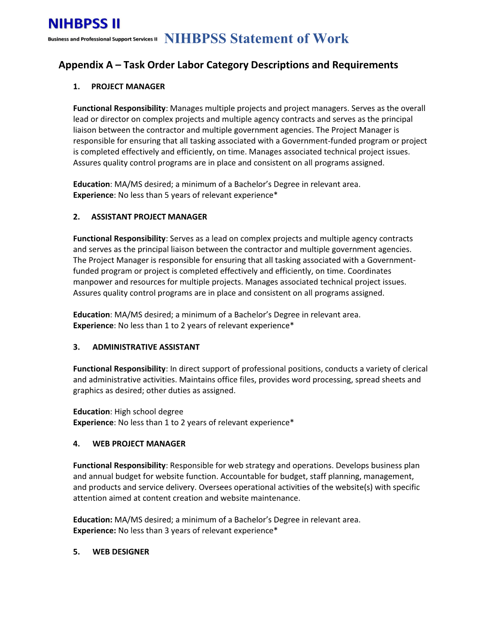 NIHBPSSII Sample Labor Categories