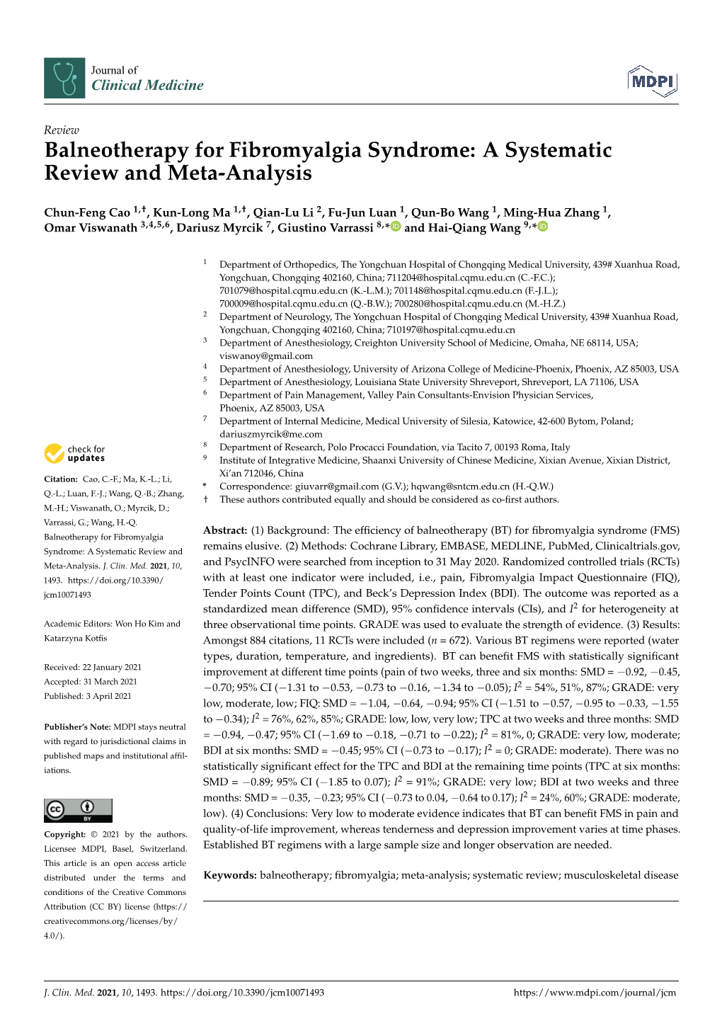 Balneotherapy for Fibromyalgia Syndrome: a Systematic Review and Meta-Analysis