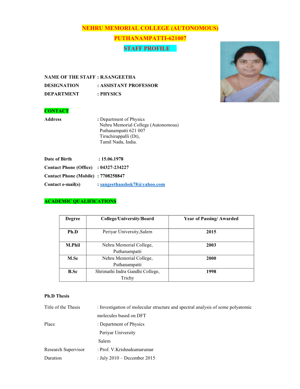 Nehru Memorial College (Autonomous) Puthanampatti-621007 Staff Profile