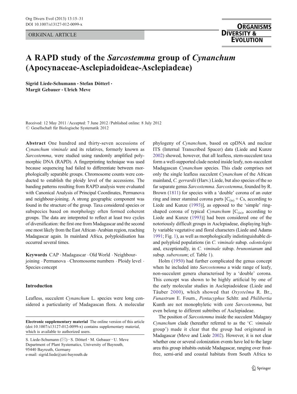 A RAPD Study of the Sarcostemma Group of Cynanchum (Apocynaceae-Asclepiadoideae-Asclepiadeae)