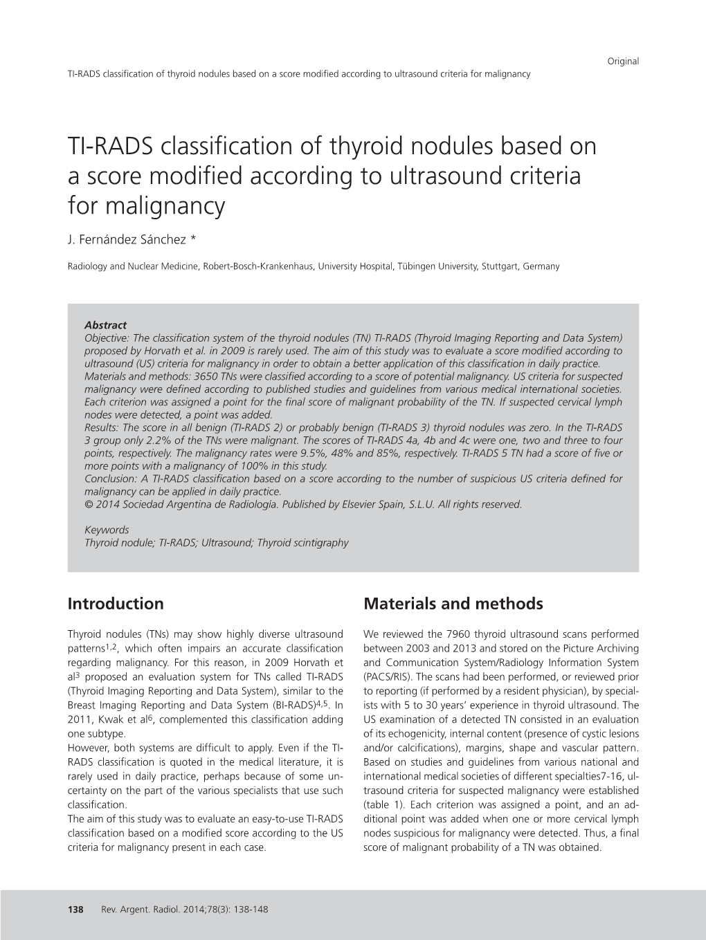 TI-RADS Classification of Thyroid Nodules Based on a Score Modified According to Ultrasound Criteria for Malignancy