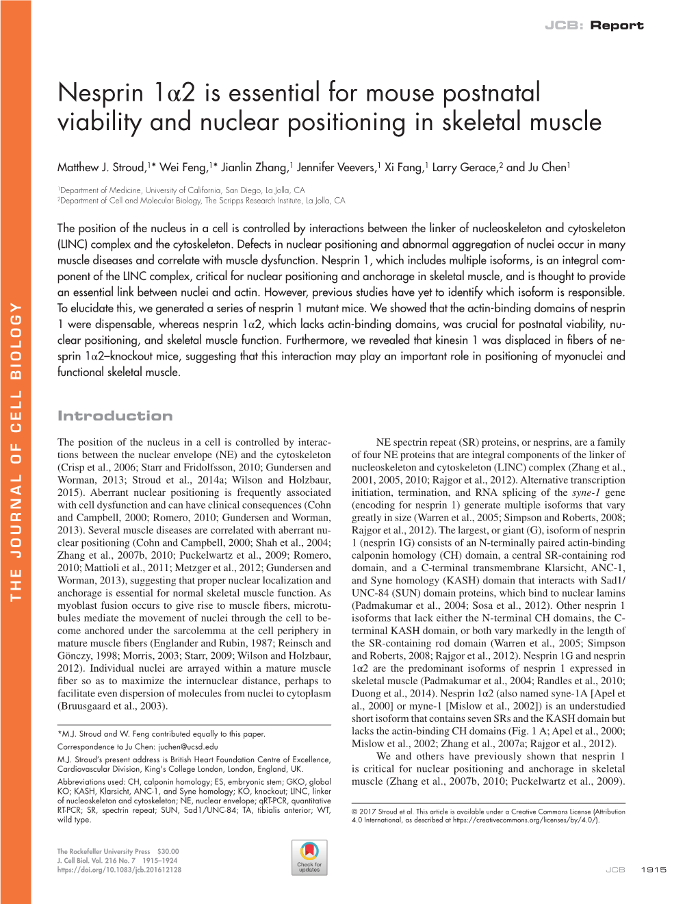 Nesprin 1Α2 Is Essential for Mouse Postnatal Viability and Nuclear Positioning in Skeletal Muscle