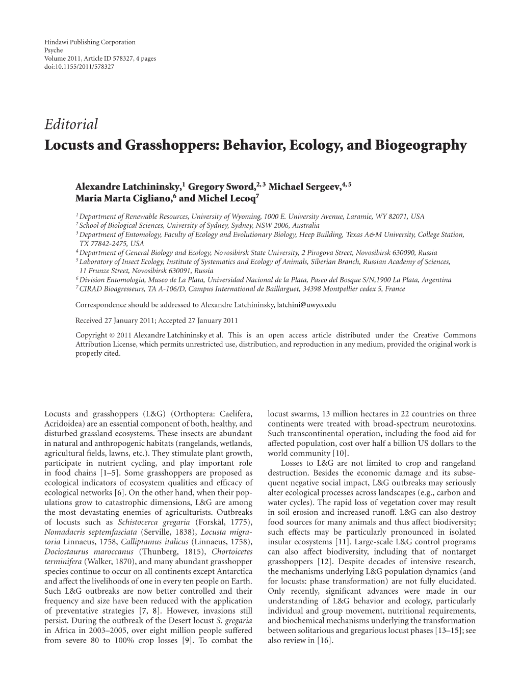 Editorial Locusts and Grasshoppers: Behavior, Ecology, and Biogeography