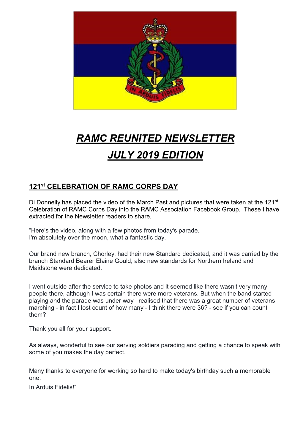 Ramc Reunited Newsletter July 2019 Edition