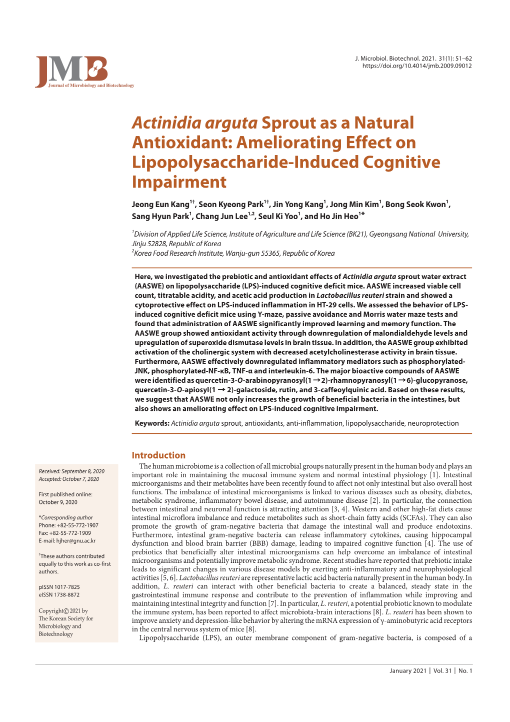 Actinidia Arguta Sprout As a Natural Antioxidant: Ameliorating Effect on Lipopolysaccharide-Induced Cognitive Impairment