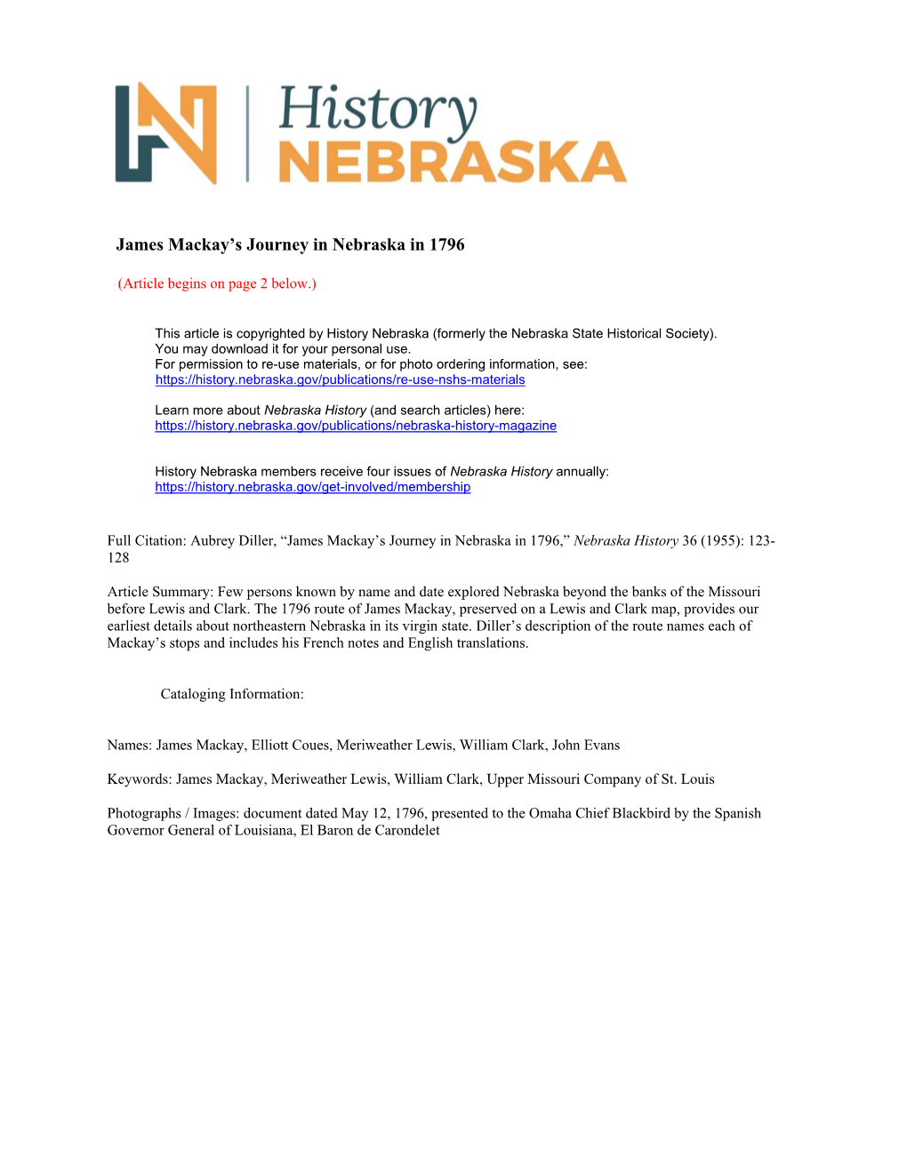 James Mackay's Journey in Nebraska in 1796