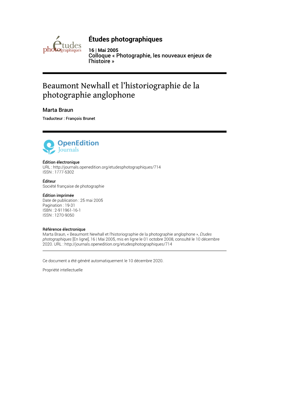 Études Photographiques, 16 | 2005 Beaumont Newhall Et L’Historiographie De La Photographie Anglophone 2