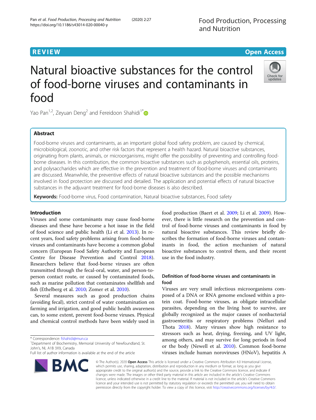 Natural Bioactive Substances for the Control of Food-Borne Viruses and Contaminants in Food Yao Pan1,2, Zeyuan Deng2 and Fereidoon Shahidi1*