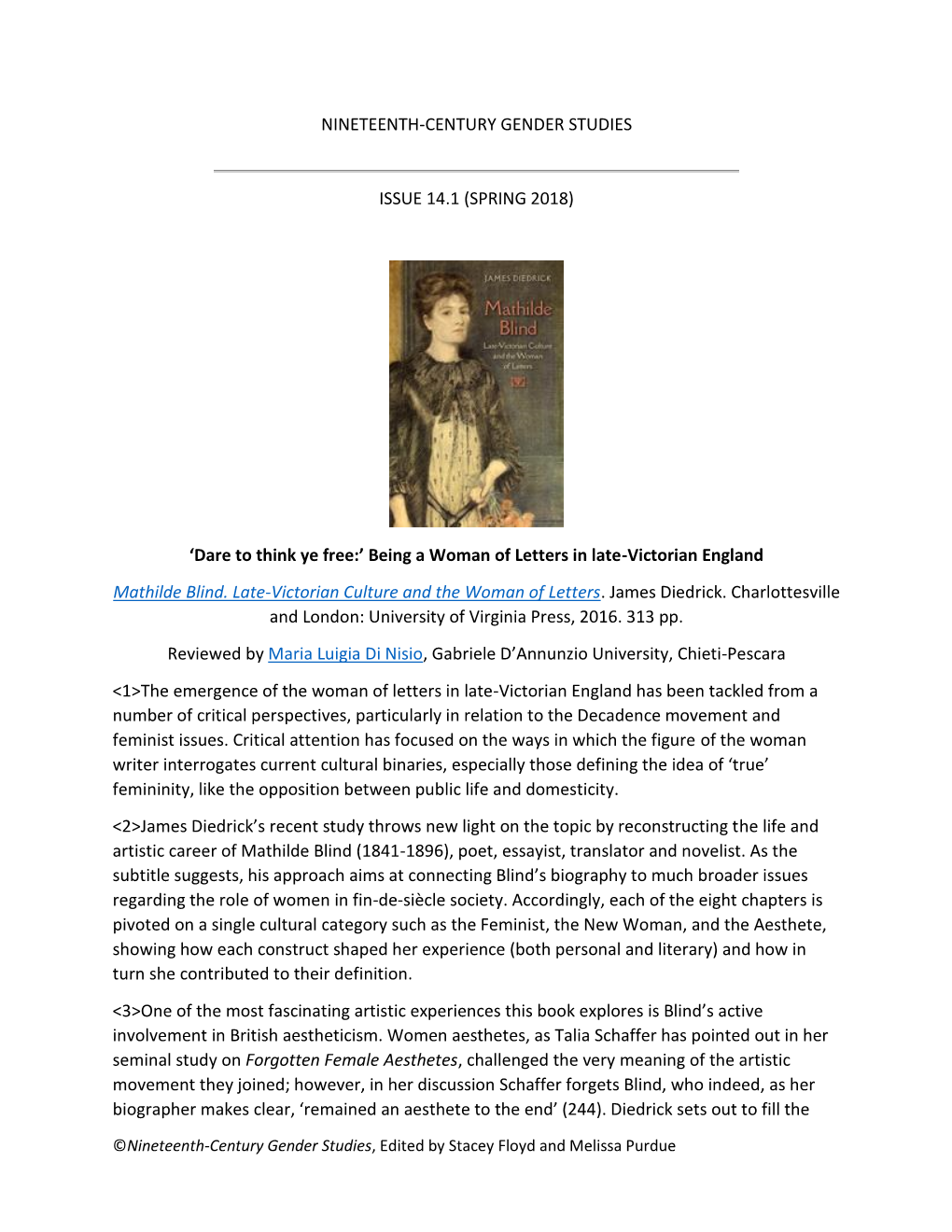 NINETEENTH-CENTURY GENDER STUDIES ISSUE 14.1 (SPRING 2018) 'Dare to Think Ye Free:' Being a Woman of Letters in Late-Victori