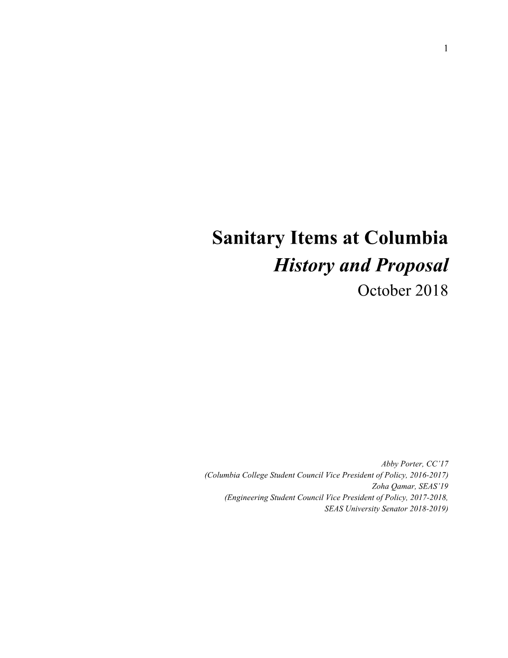 Sanitary Items at Columbia History and Proposal October 2018