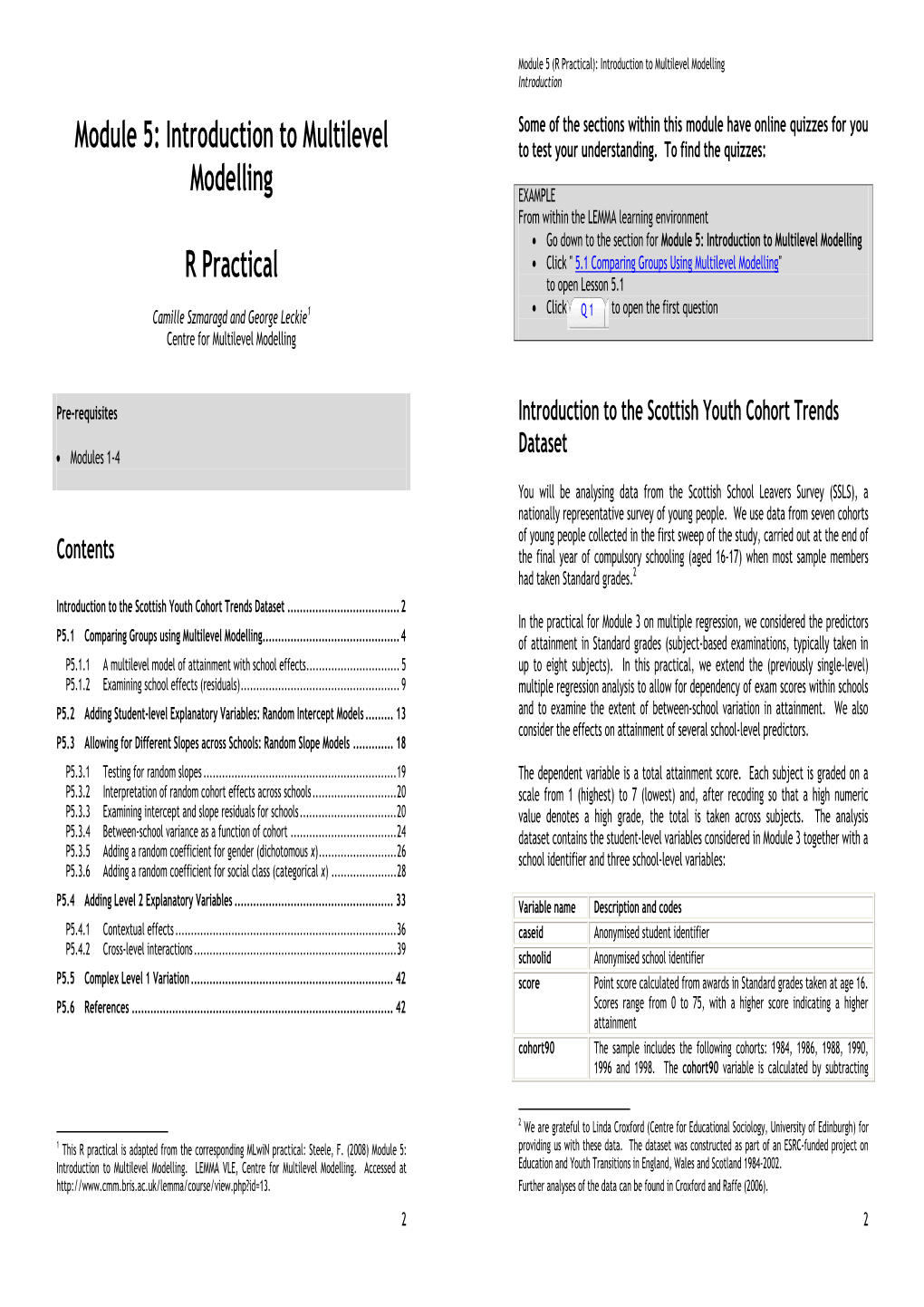 Module 5: Introduction to Multilevel Modelling R Practical  Click 