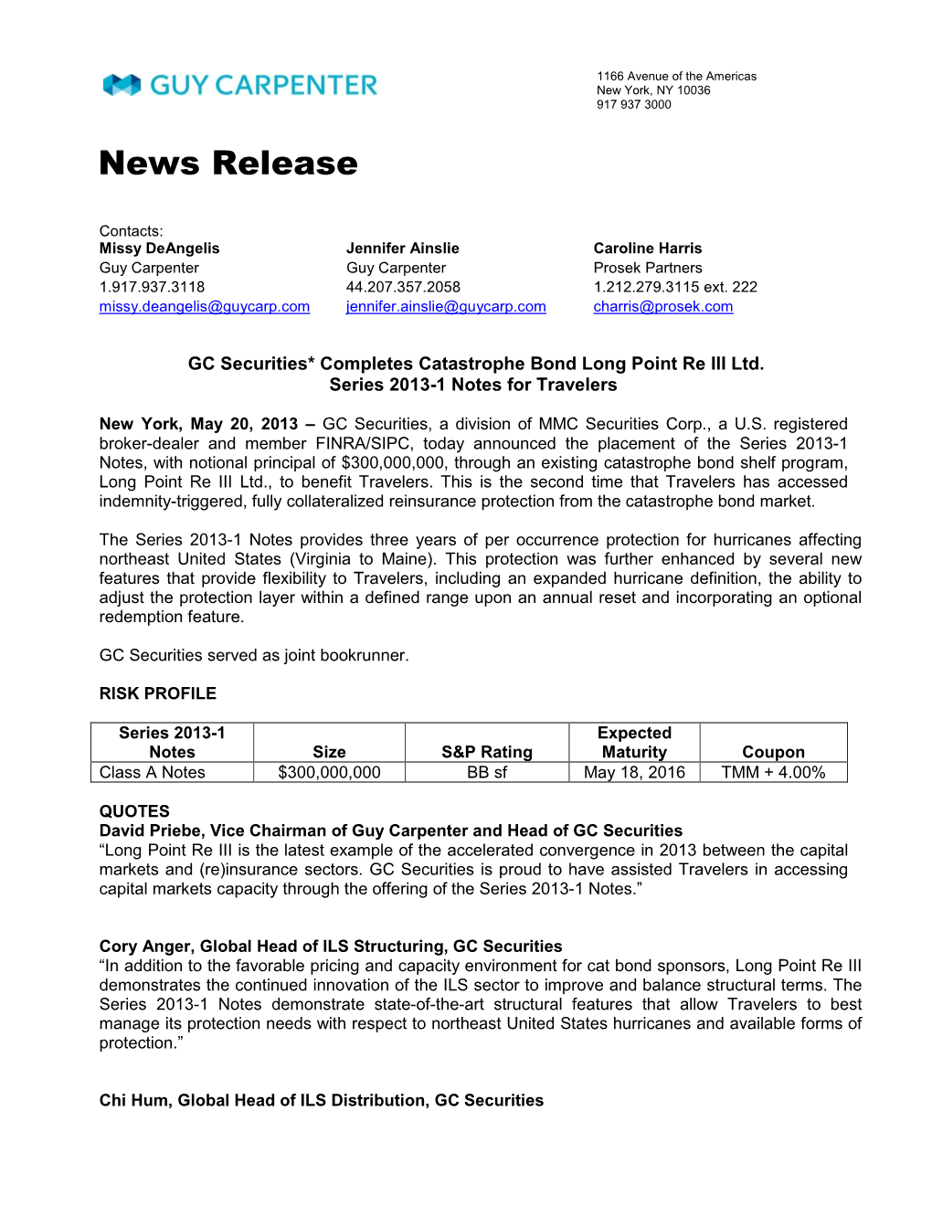 GC Securities* Completes Catastrophe Bond Long Point Re III Ltd