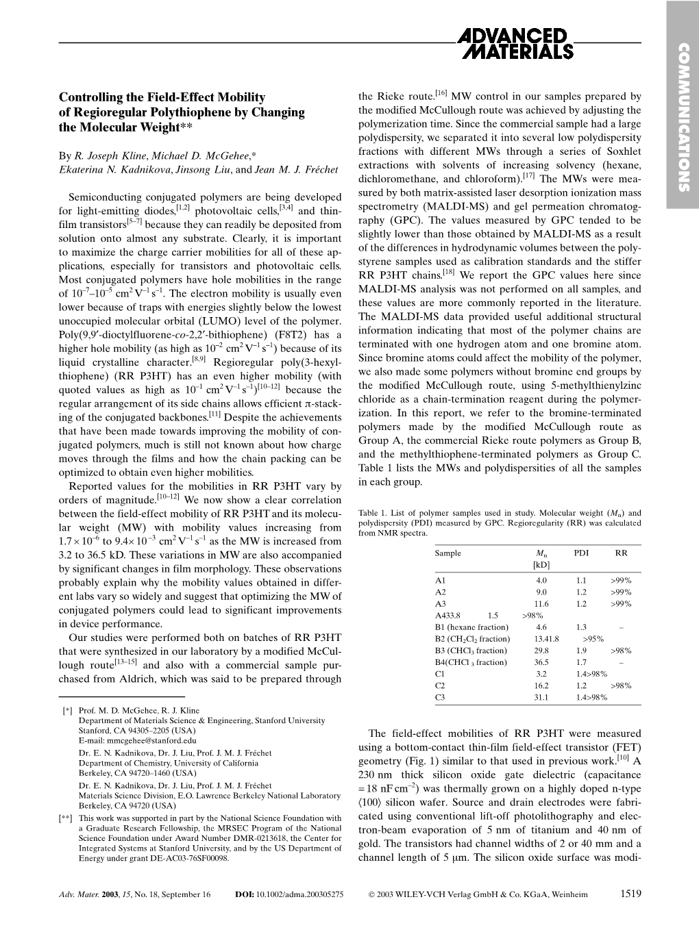 Controlling the Field-Effect Mobility of Regioregular Polythiophene By