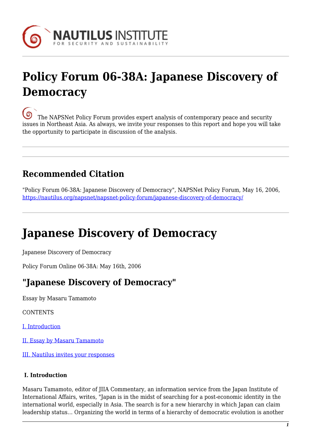 Japanese Discovery of Democracy