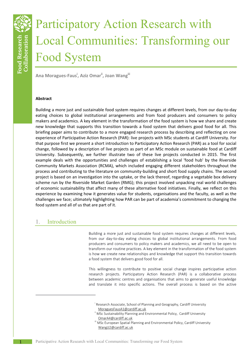 Participatory Action Research with Local Communities: Transforming Our Food System