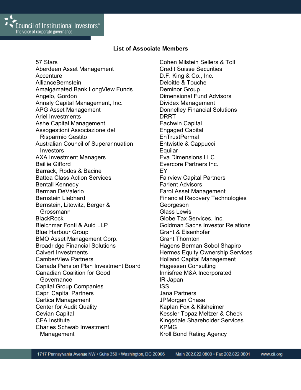 List of Associate Members 57 Stars Aberdeen Asset Management