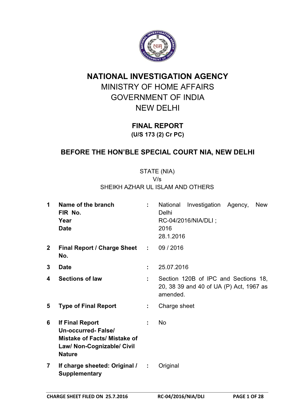 National Investigation Agency Ministry of Home Affairs Government of India New Delhi