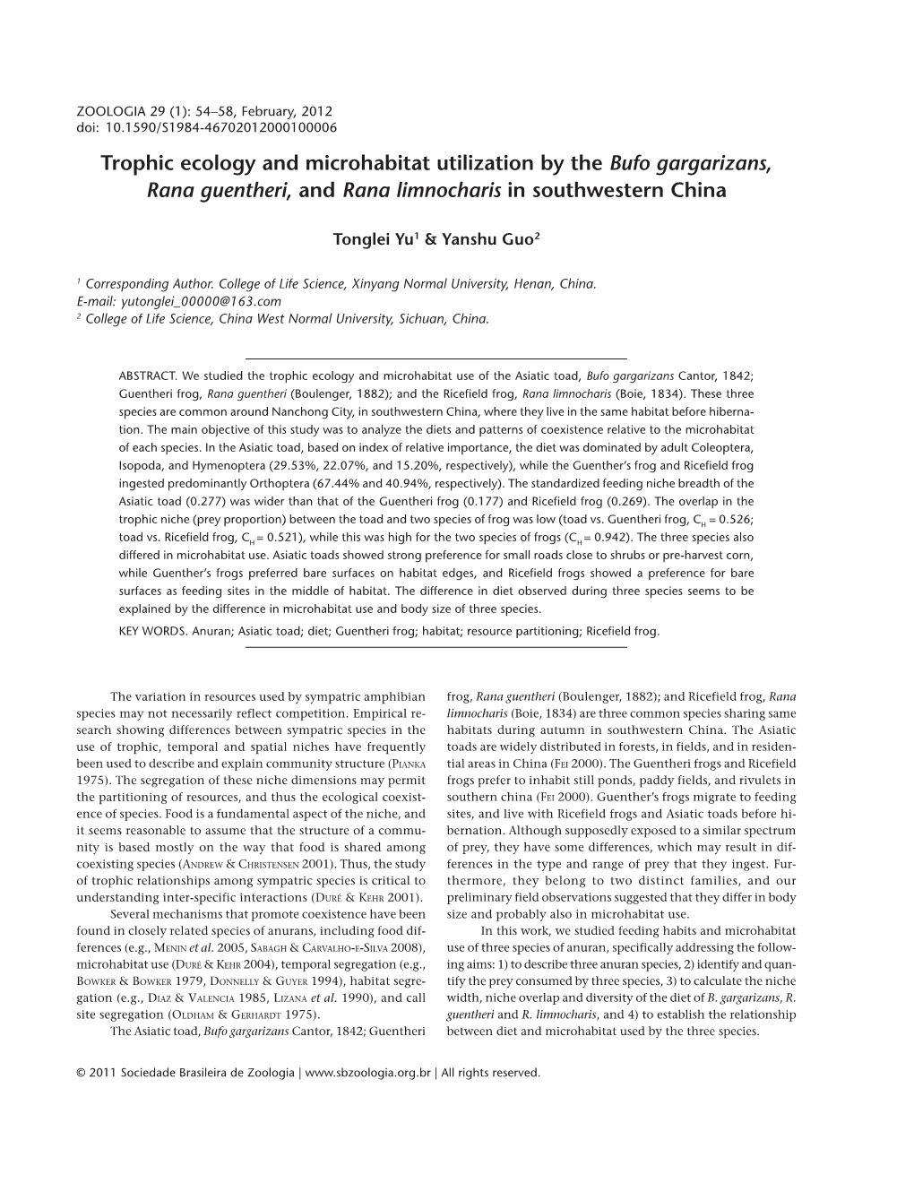 Trophic Ecology and Microhabitat Utilization by the Bufo Gargarizans, Rana Guentheri, and Rana Limnocharis in Southwestern China