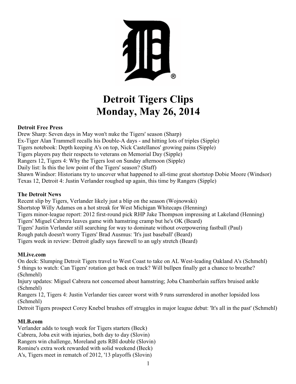 Detroit Tigers Clips Monday, May 26, 2014