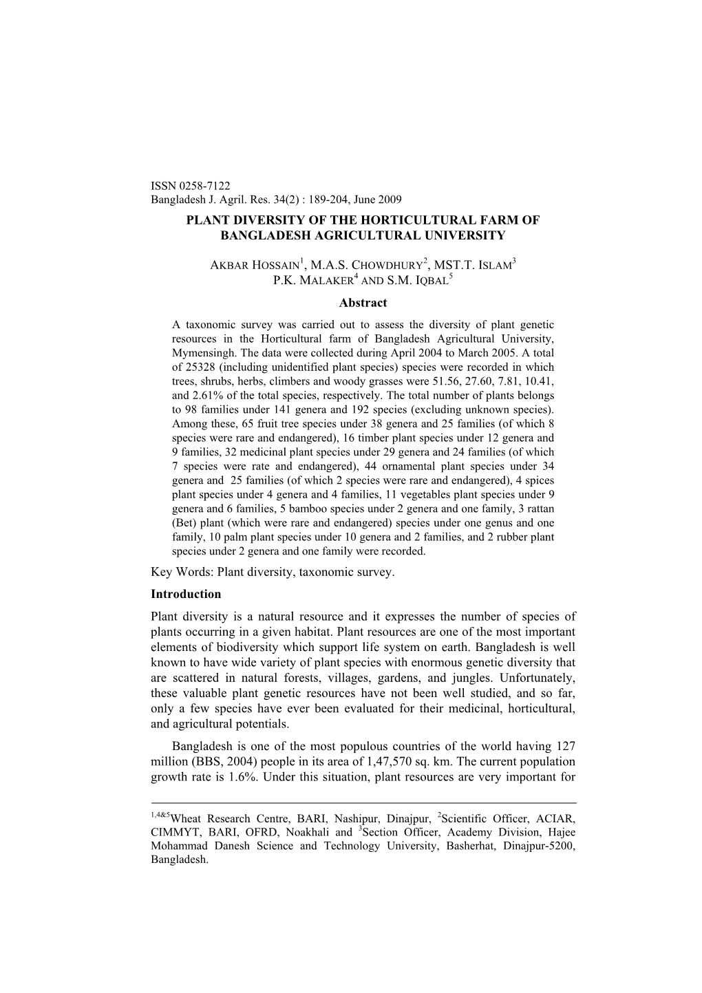 Plant Diversity of the Horticultural Farm of Bangladesh Agricultural University