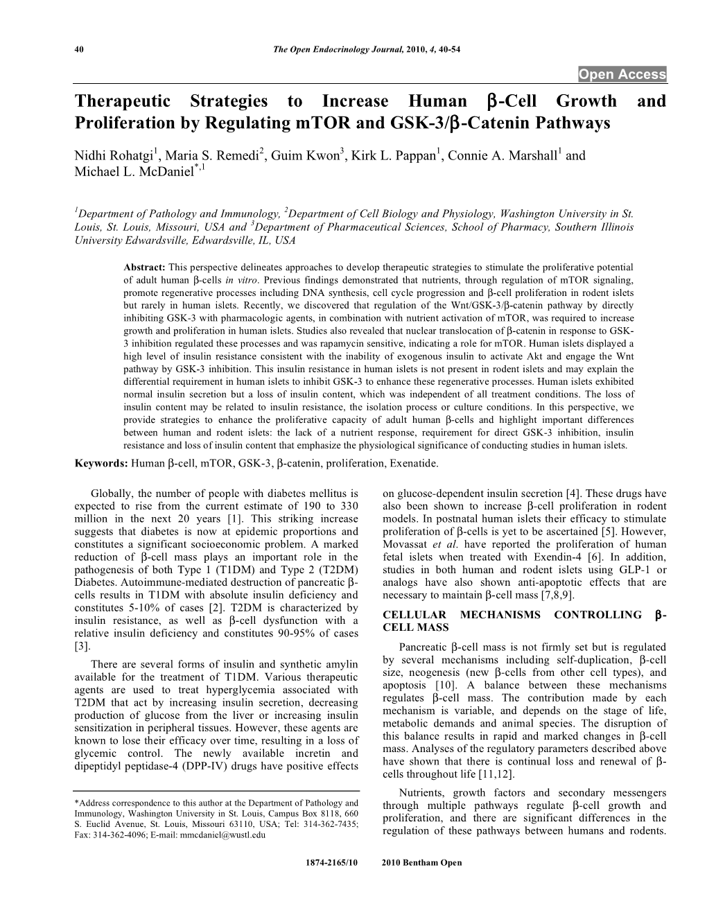 Therapeutic Strategies to Increase Human -Cell Growth and Proliferation by Regulating Mtor and GSK-3/ -Catenin Pathways