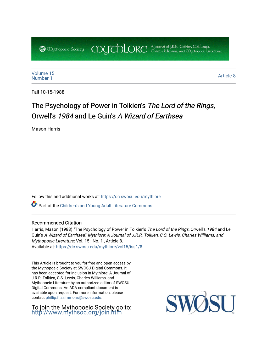 The Psychology of Power in Tolkien's the Lord of the Rings, Orwell's 1984 and Le Guin's a Wizard of Earthsea