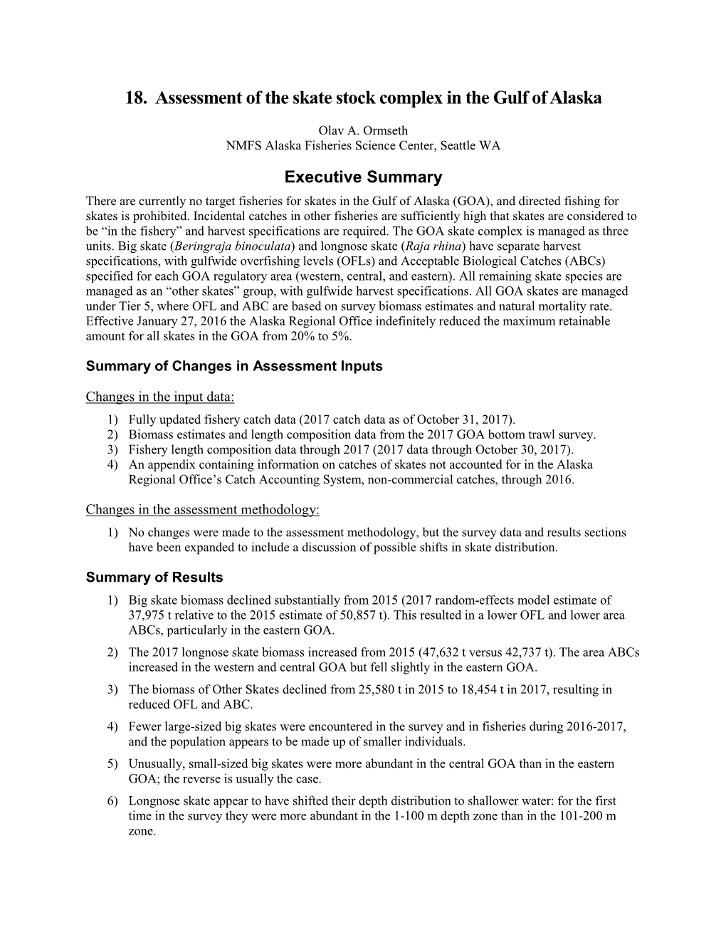 Assessment of the Skate Stock Complex in the Gulf of Alaska