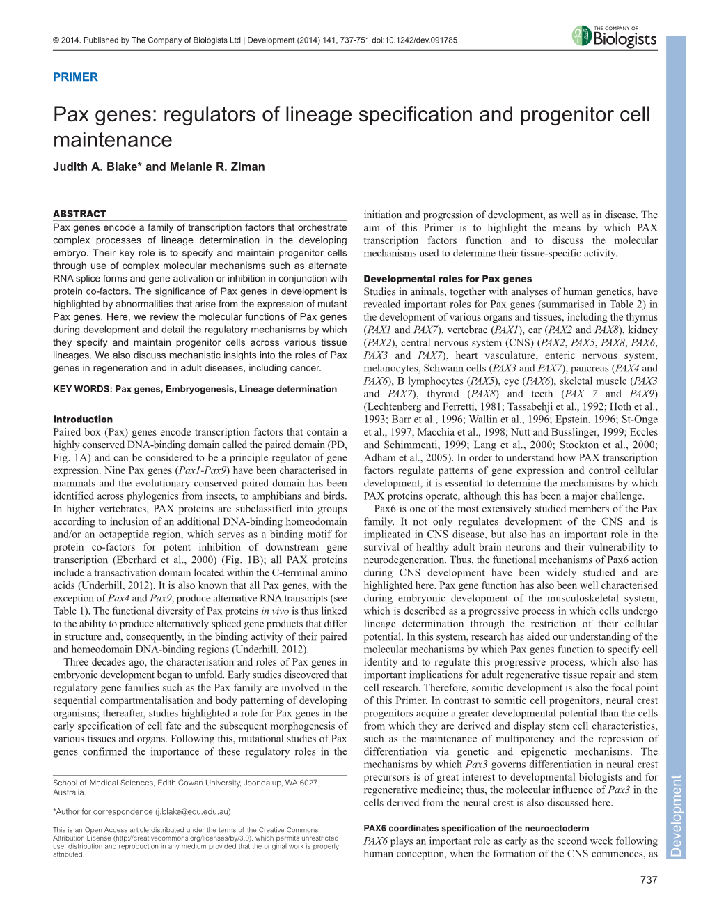 Pax Genes: Regulators of Lineage Specification and Progenitor Cell Maintenance Judith A