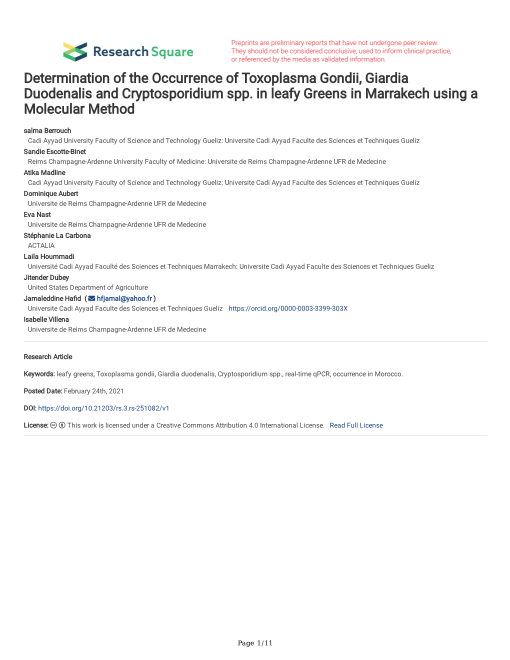 Determination of the Occurrence of Toxoplasma Gondii, Giardia Duodenalis and Cryptosporidium Spp