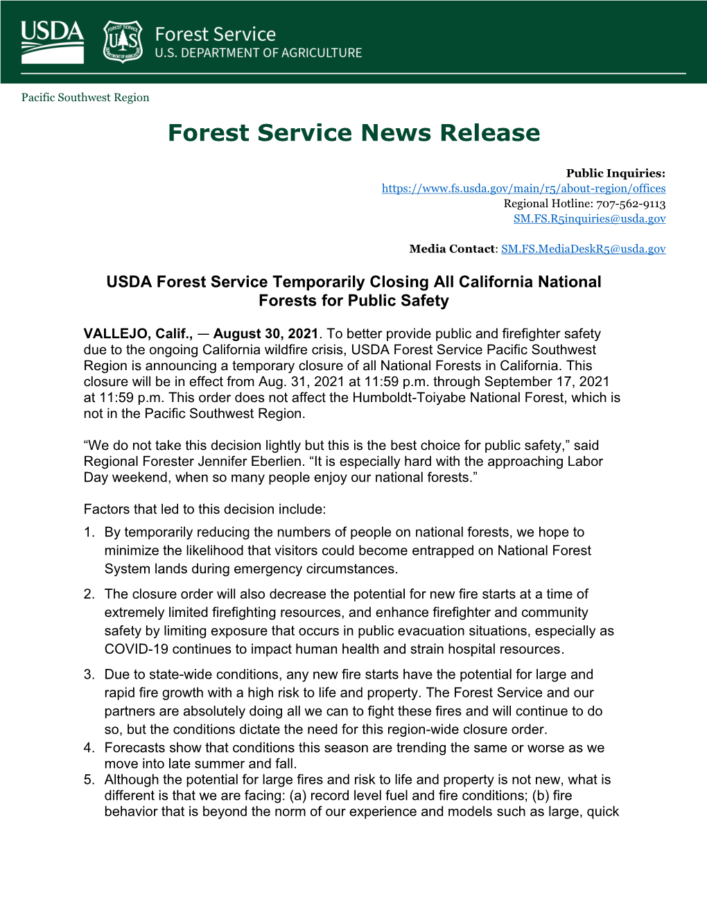 USFS Temporarily Closing California National Forests