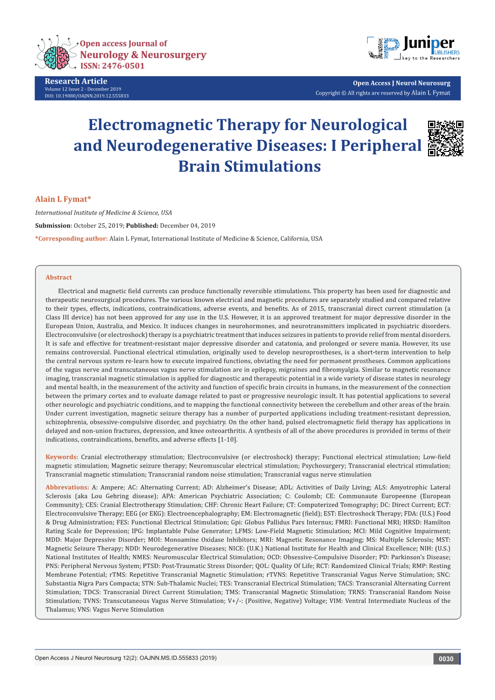 Electromagnetic Therapy for Neurological and Neurodegenerative Diseases: I Peripheral Brain Stimulations