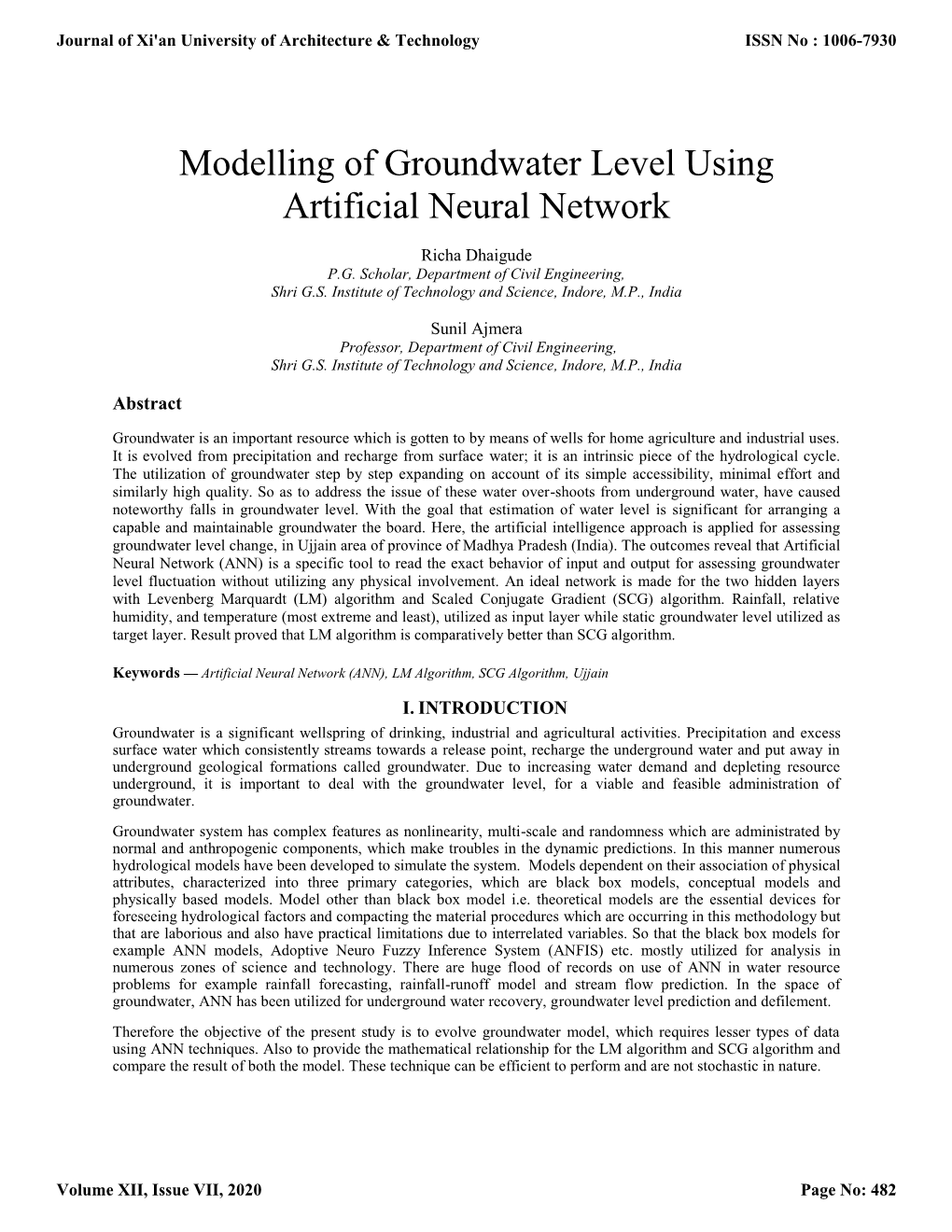 Modelling of Groundwater Level Using Artificial Neural Network