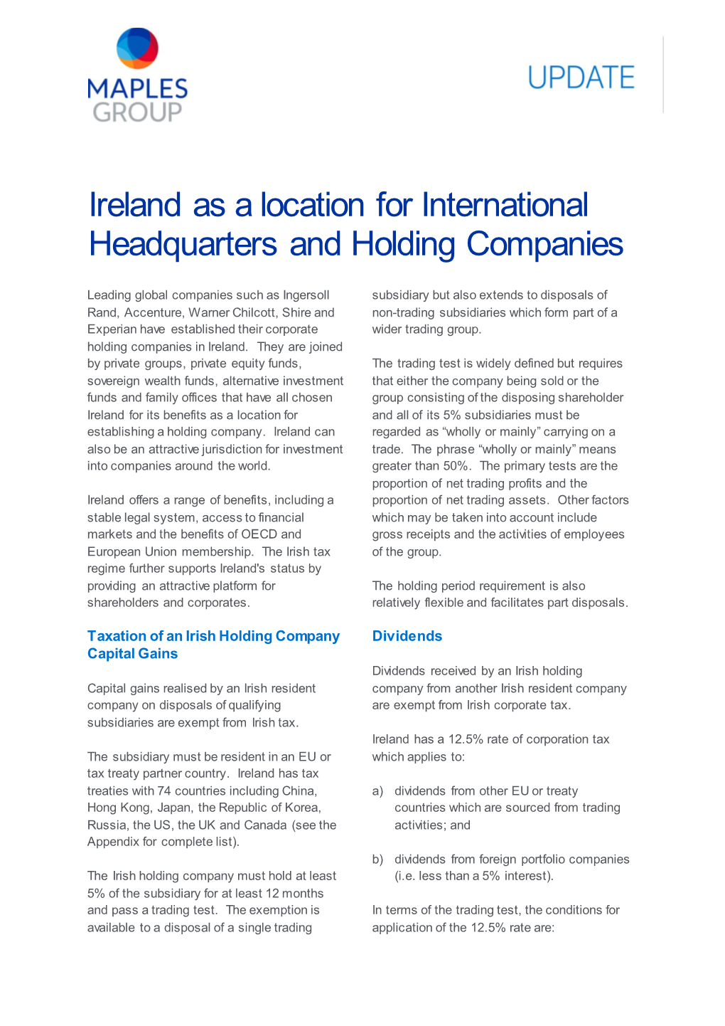 Ireland As a Location for International Headquarters and Holding Companies