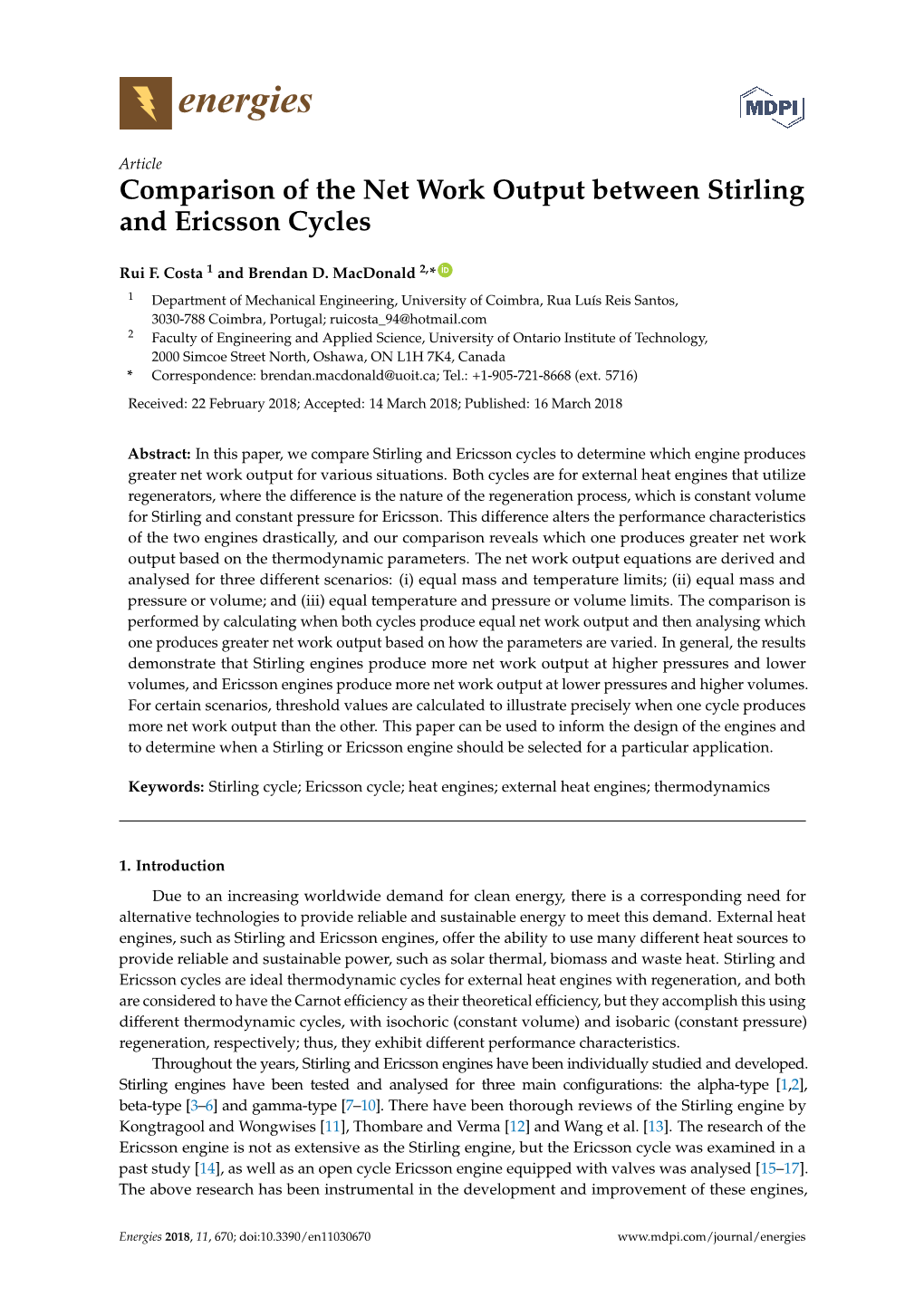 Comparison of the Net Work Output Between Stirling and Ericsson Cycles