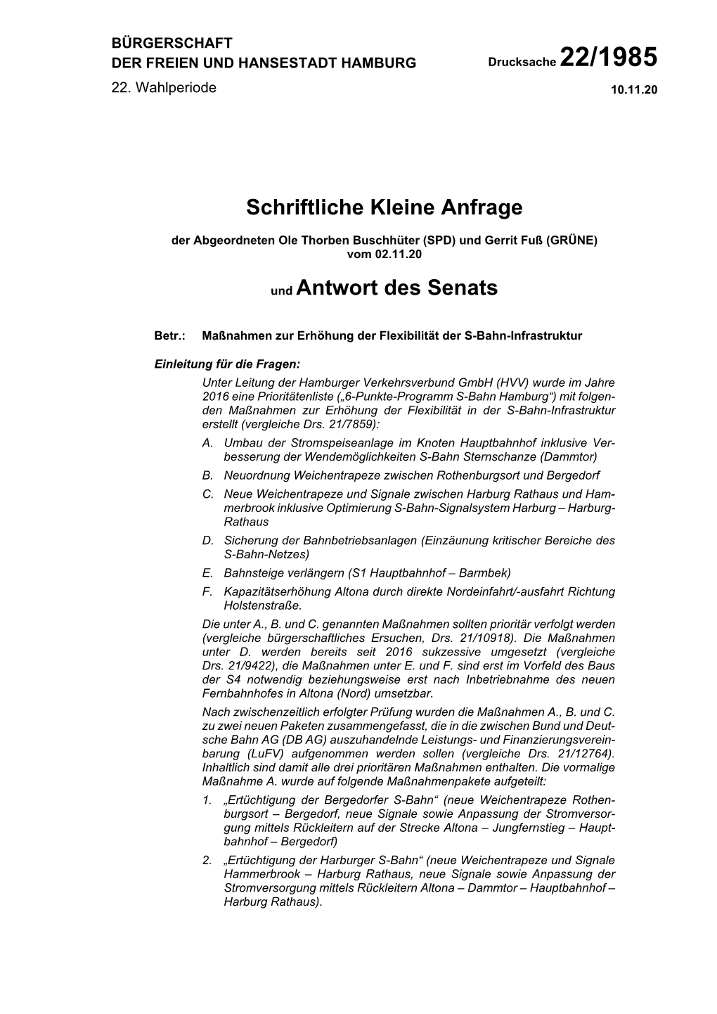 22/1985 SKA: Maßnahmen Zur Erhöhung Der Flexibilität Der S-Bahn-Infrastruktur