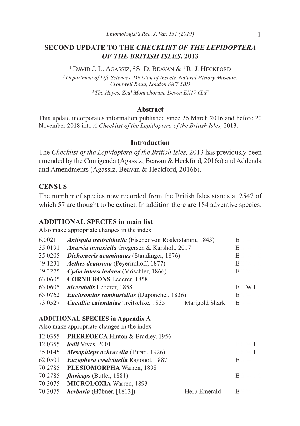 Second Update to the Checklist of the Lepidoptera of the British Isles, 2013