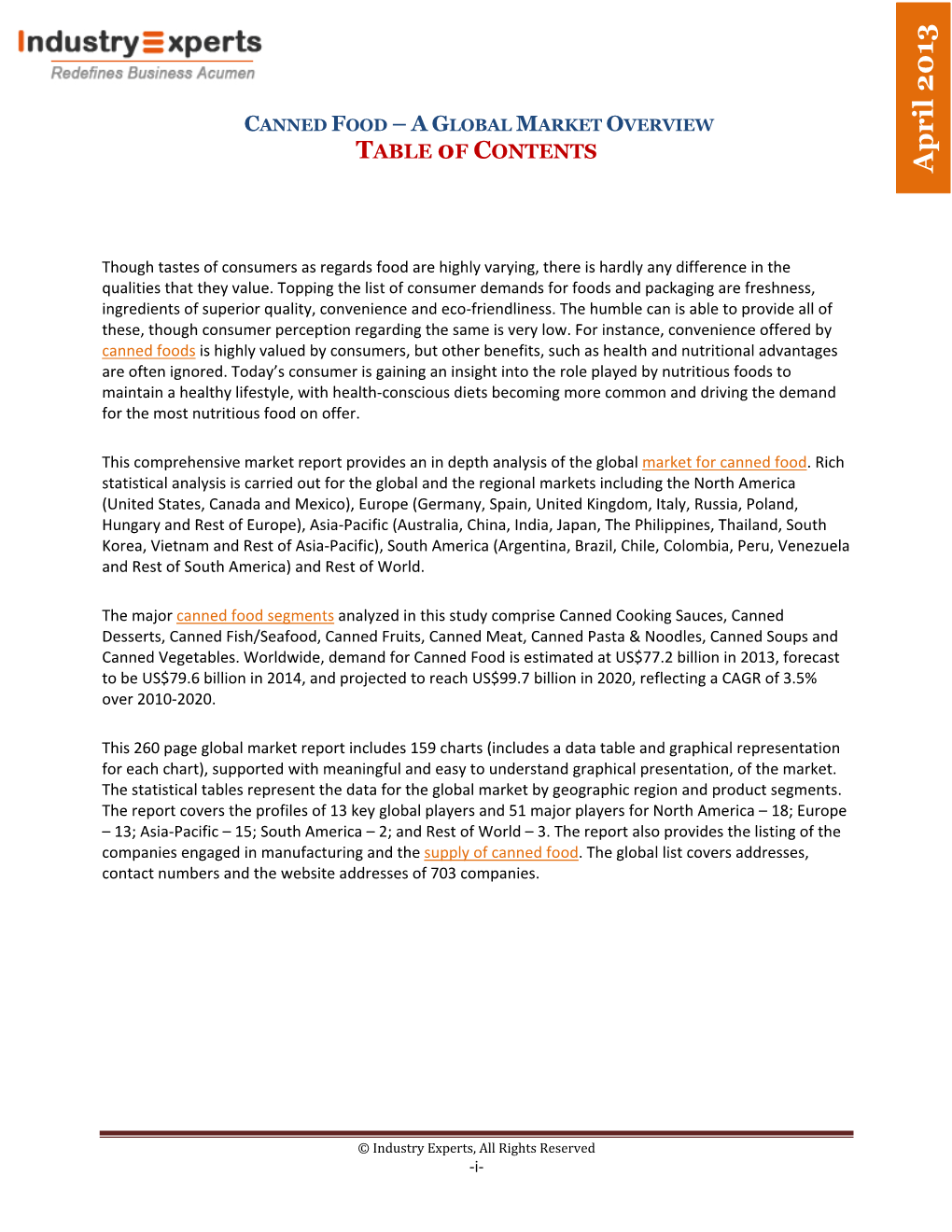 CANNED FOOD – a GLOBAL MARKET OVERVIEW TABLE 0F CONTENTS April