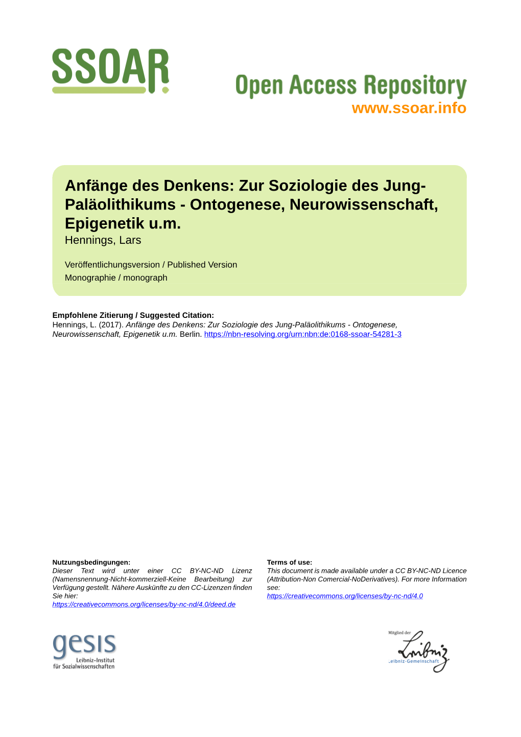 Anfänge Des Denkens: Zur Soziologie Des Jung- Paläolithikums - Ontogenese, Neurowissenschaft, Epigenetik U.M