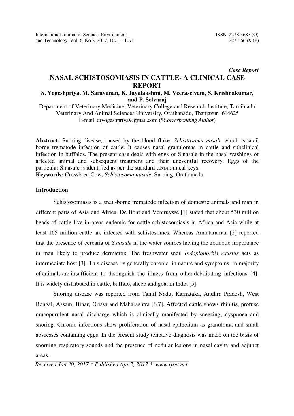 Nasal Schistosomiasis in Cattle- a Clinical Case Report S