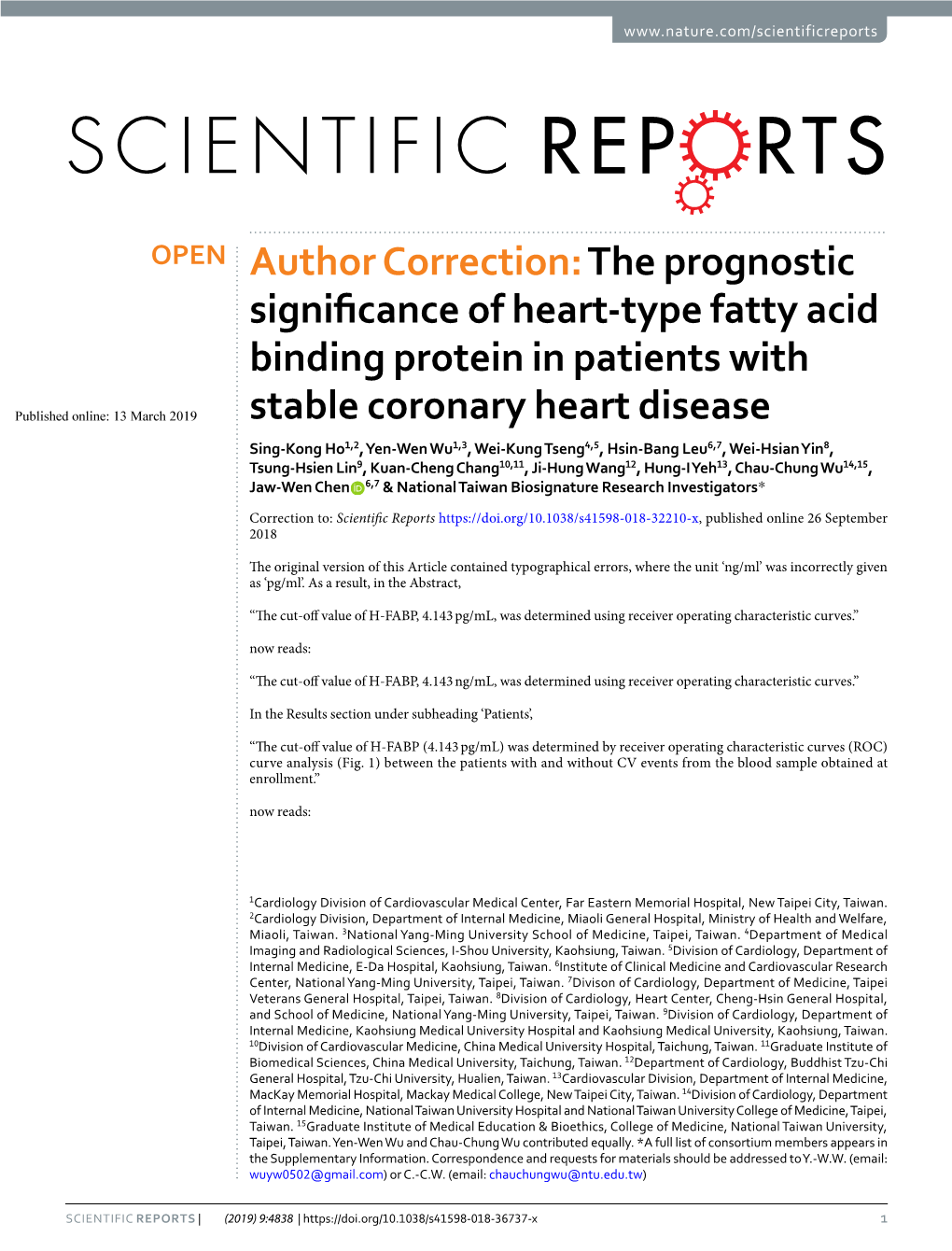 Author Correction: the Prognostic Significance of Heart-Type Fatty Acid