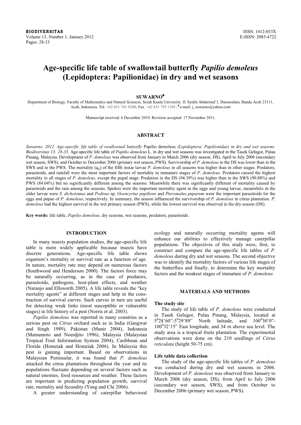 Age-Specific Life Table of Swallowtail Butterfly Papilio Demoleus (Lepidoptera: Papilionidae) in Dry and Wet Seasons