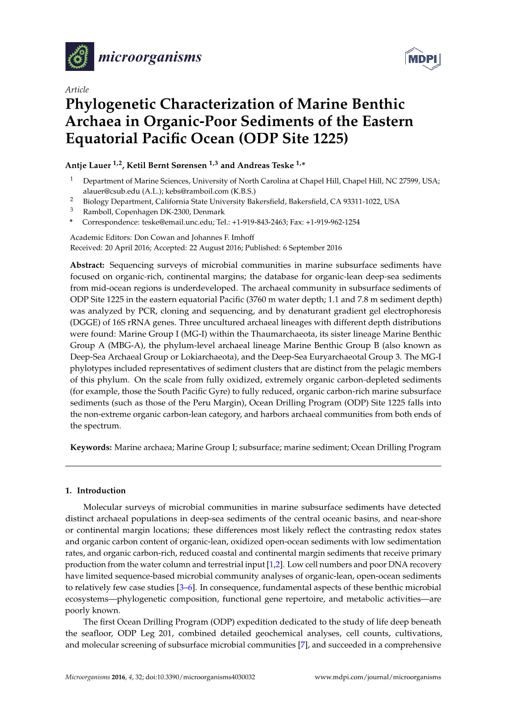 Phylogenetic Characterization of Marine Benthic Archaea in Organic-Poor Sediments of the Eastern Equatorial Paciﬁc Ocean (ODP Site 1225)