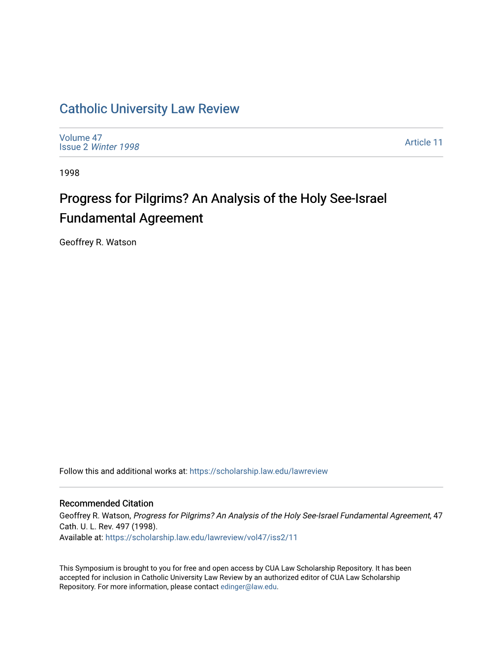 Progress for Pilgrims? an Analysis of the Holy See-Israel Fundamental Agreement