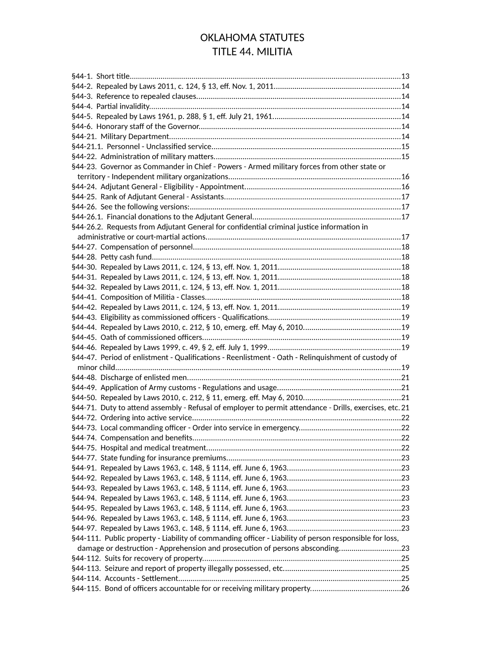 Oklahoma Statutes Title 44. Militia