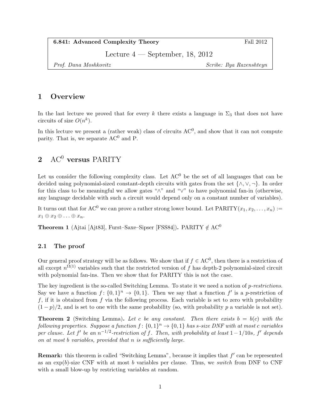 AC 0 and Switching Lemma