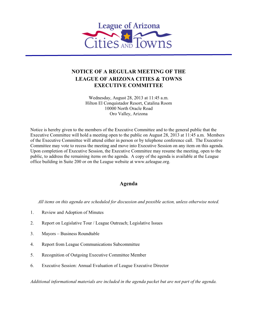 Notice of a Regular Meeting of the League of Arizona Cities & Towns Executive Committee