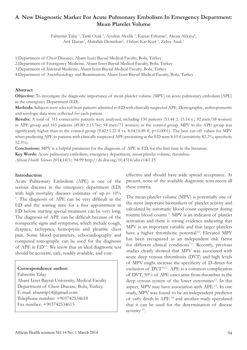 Mean Platelet Volume